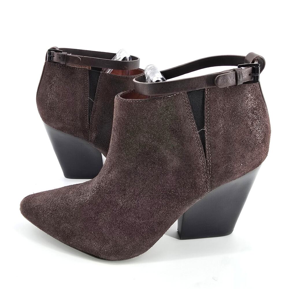 Rebecca Minkoff La Roux Brown Metallic Bootie Ankle Strap Wood Stacked Wedge 8.5